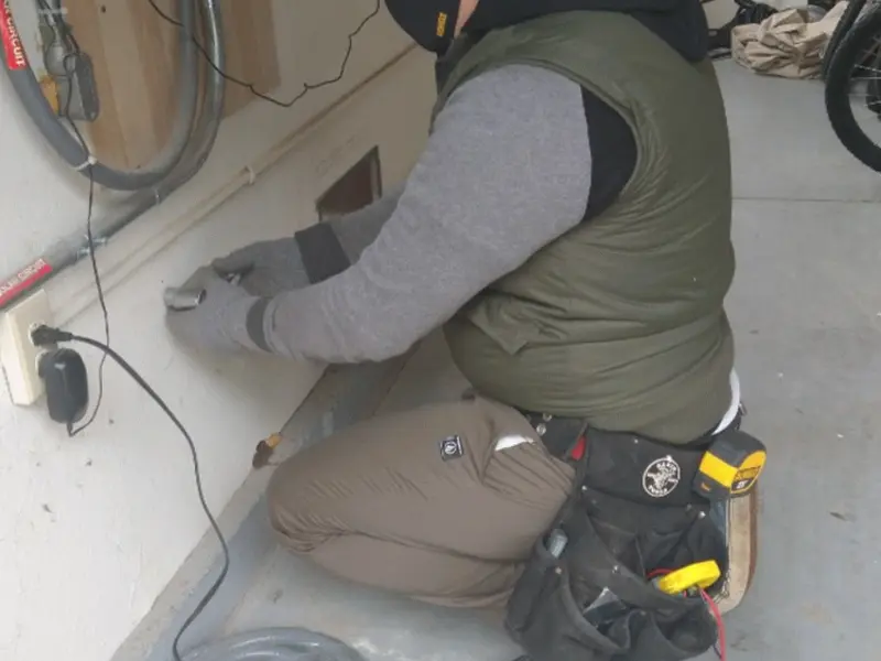 Electrician performing outlet wiring in a Naples garage